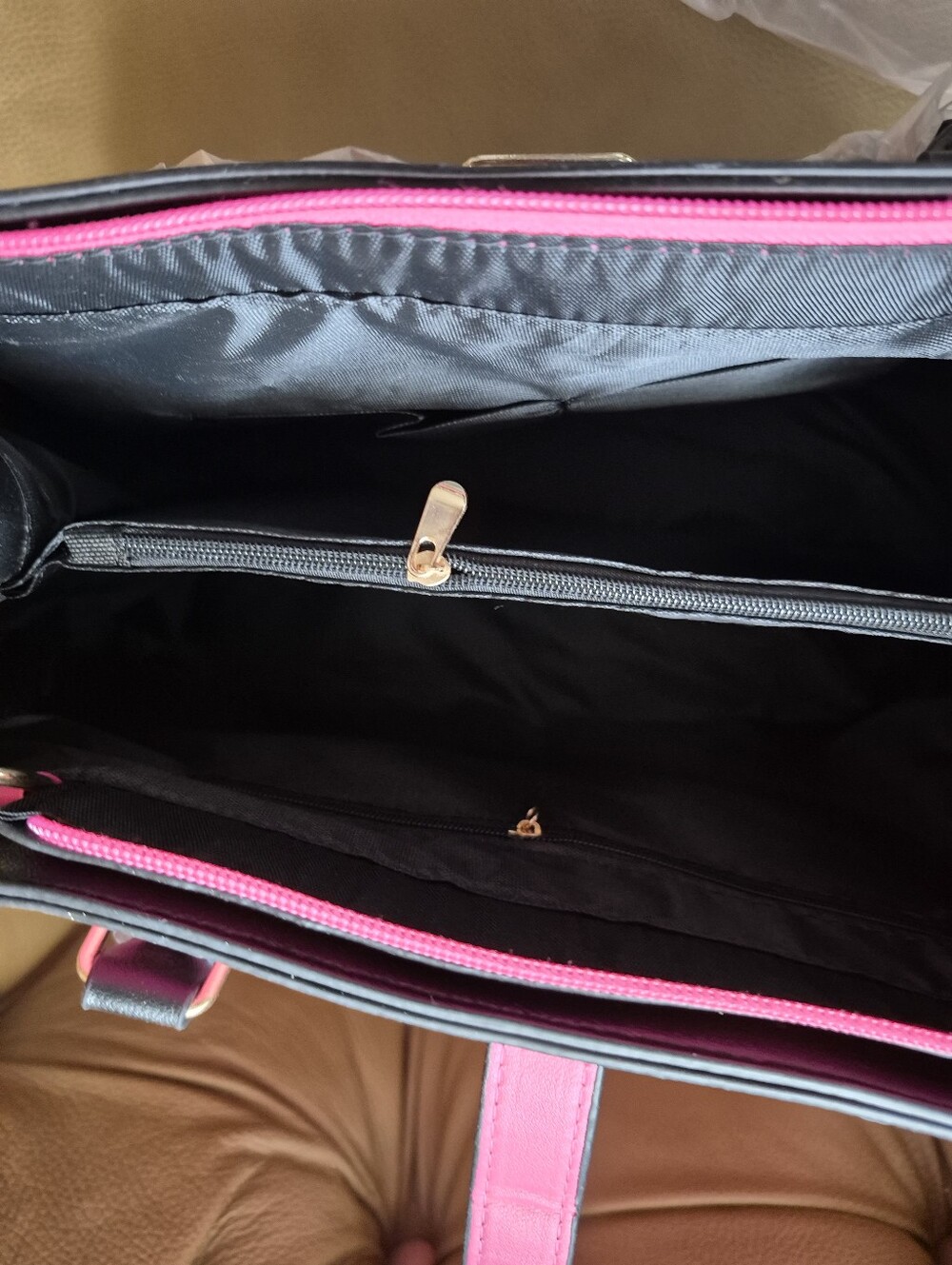 Pink and Black Structured Satchel with Gold Accents - Picture 4 of 9